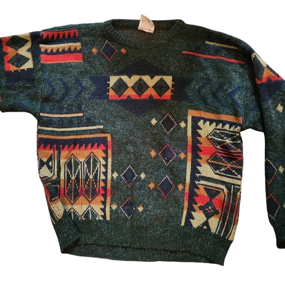 Vintage Peter Jon Sweater Mens XL Green Aztec Southwestern 80s Acrylic Pullover